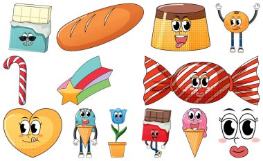 Set of objects and foods cartoon characters illustration