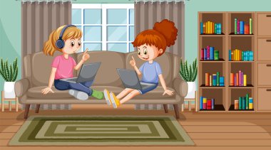 At home scene with children using their laptops illustration
