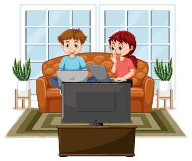 At home scene with children using their laptops illustration