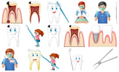 Set of dental equipments and cartoon characters illustration