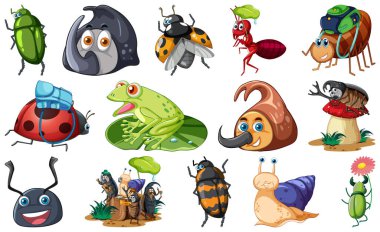 Set of various insects and amphibians cartoon illustration
