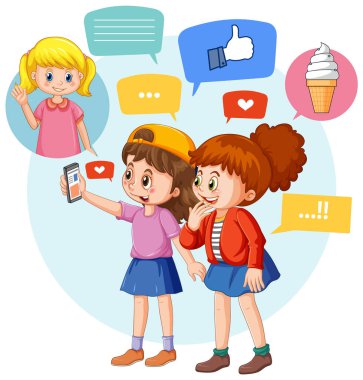 Two girls using smartphone for online learning illustration