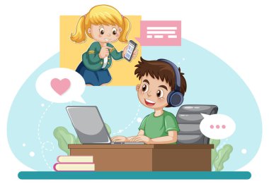 A boy browsing social media illustration