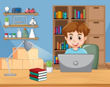 A man browsing internet on laptop at home illustration