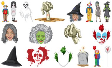 Set of horror halloween objects and cartoon characters illustration