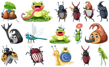 Set of various insects and amphibians cartoon illustration