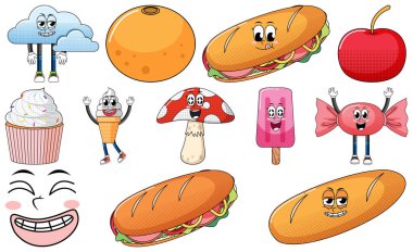 Set of objects and foods cartoon characters illustration