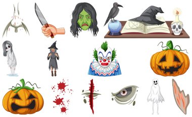 Set of horror halloween objects and cartoon characters illustration