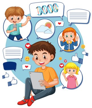 A boy using laptop for online learning illustration