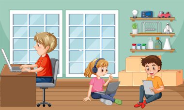 At home scene with children using their laptops illustration