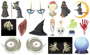 Set of horror halloween objects and cartoon characters illustration