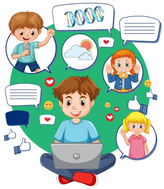 A boy browsing social media on laptop illustration