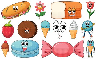 Set of objects and foods cartoon characters illustration
