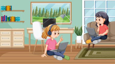 At home scene with two girls using their laptops illustration