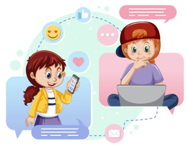 Browsing social media with cartoon character illustration