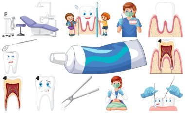 Set of dental equipments and cartoon characters illustration