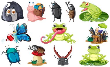 Set of various insects and amphibians cartoon illustration