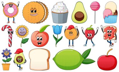 Set of objects and foods cartoon characters illustration