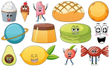 Set of objects and foods cartoon characters illustration