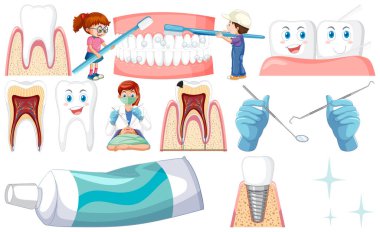 Set of dental equipments and cartoon characters illustration