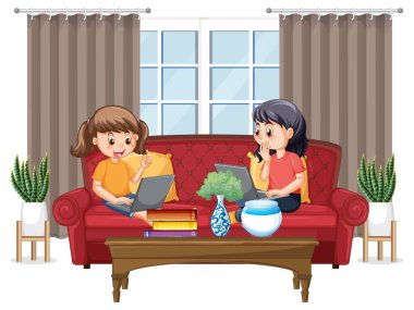 At home scene with children using their laptops illustration