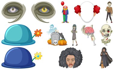 Set of horror halloween objects and cartoon characters illustration