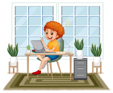 A boy browsing internet on latop illustration