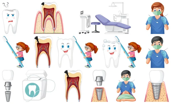 Set Dental Equipments Cartoon Characters Illustration — Stock vektor