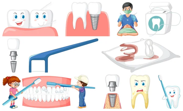 Set Dental Equipments Cartoon Characters Illustration — стоковый вектор