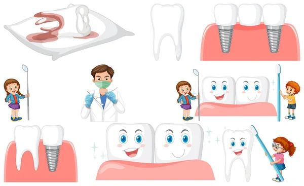 Set Dental Equipments Cartoon Characters Illustration — 스톡 벡터
