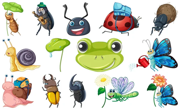 Set Various Insects Amphibians Cartoon Illustration — Stock vektor