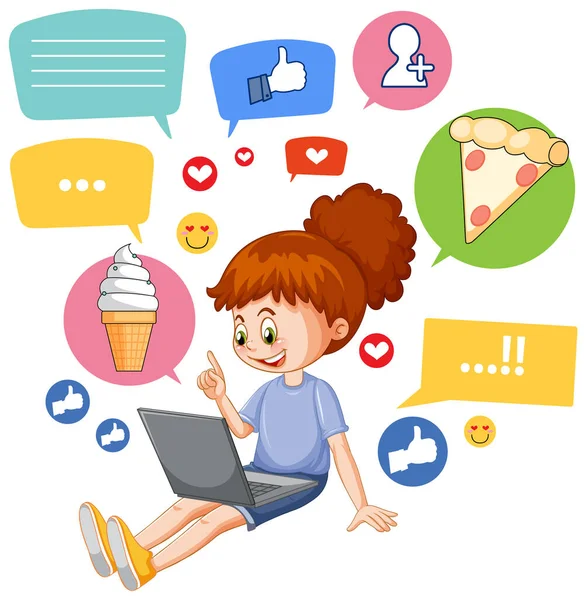 Cute Girl Browsing Social Media Laptop Illustration — Image vectorielle