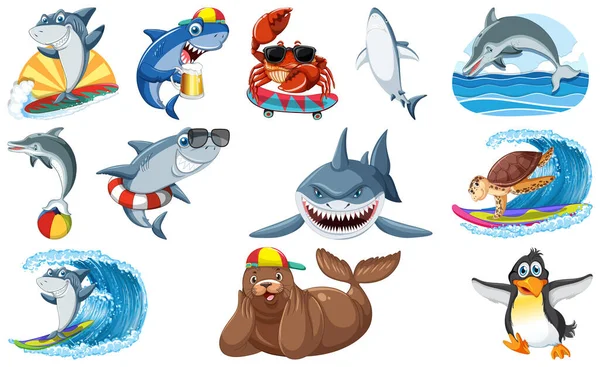 Set Various Sea Animals Cartoon Characters Illustration — Stockový vektor