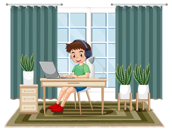 Boy Studying Online Home Illustration — Stock Vector