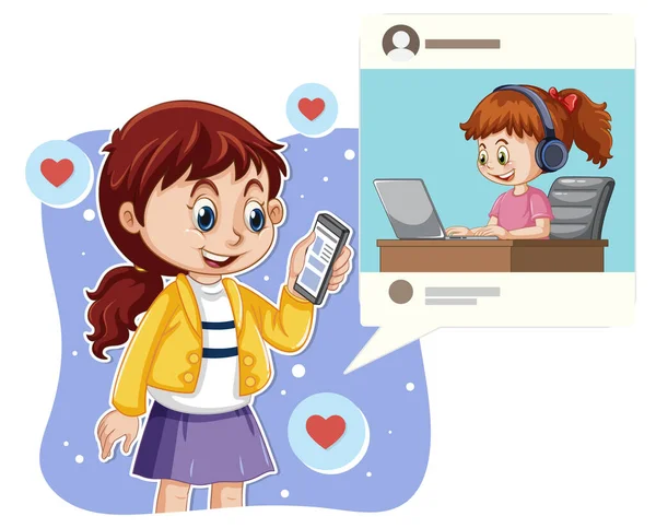 Girl Browsing Social Media Illustration — Archivo Imágenes Vectoriales