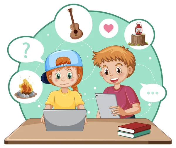 Children Browsing Internet Laptop Illustration — Διανυσματικό Αρχείο