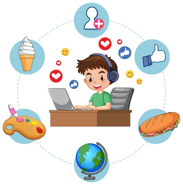 Boy Browsing Internet Laptop Illustration — Stock Vector