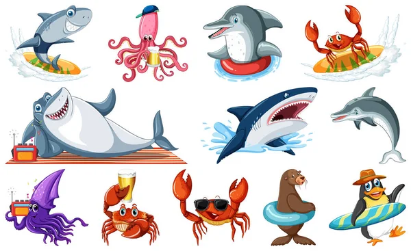 Set Various Sea Animals Cartoon Characters Illustration — ストックベクタ