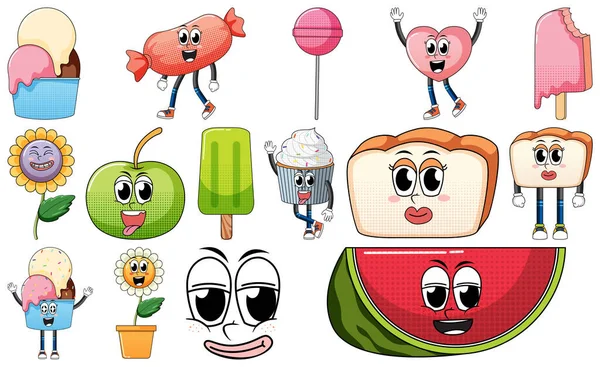 Set Objects Foods Cartoon Characters Illustration — Stock Vector