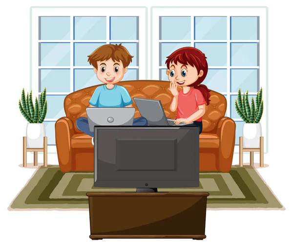 Home Scene Children Using Laptops Illustration —  Vetores de Stock