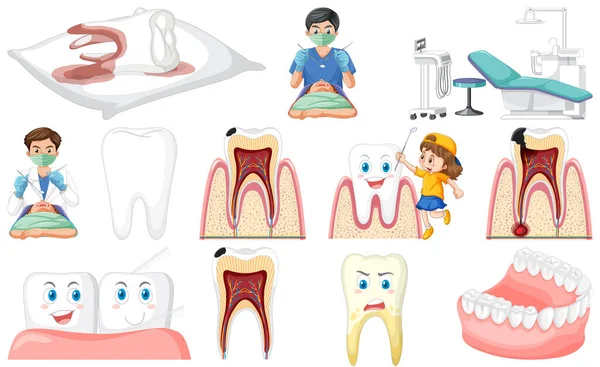 Set Dental Equipments Cartoon Characters Illustration — Vector de stock