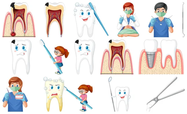 Set Dental Equipments Cartoon Characters Illustration — Vettoriale Stock