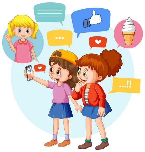 Two Girls Using Smartphone Online Learning Illustration — Stok Vektör