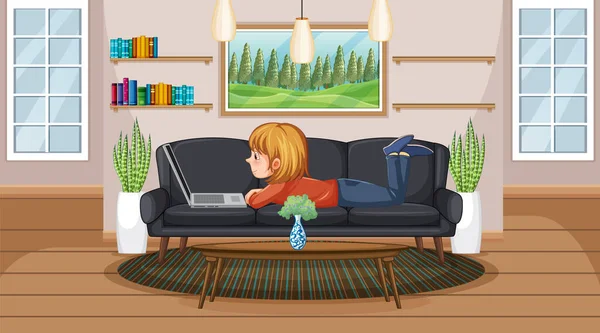 Girl Browsing Internet Laptop Home Illustration —  Vetores de Stock