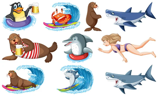 Set Various Sea Animals Cartoon Characters Illustration — ストックベクタ