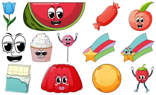 Set Objects Foods Cartoon Characters Illustration — Stock Vector