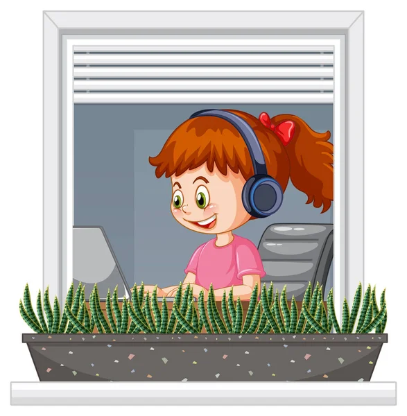 View Window Girl Browsing Internet Illustration — 图库矢量图片