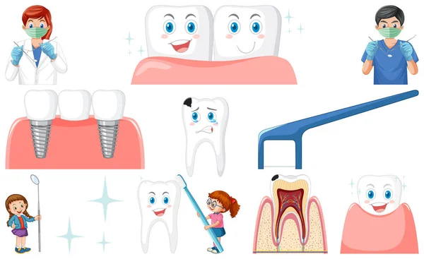 Set Dental Equipments Cartoon Characters Illustration — Stock vektor