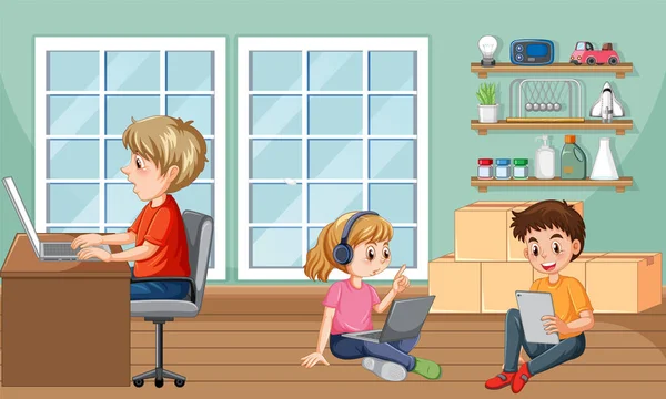 Home Scene Children Using Laptops Illustration — Archivo Imágenes Vectoriales