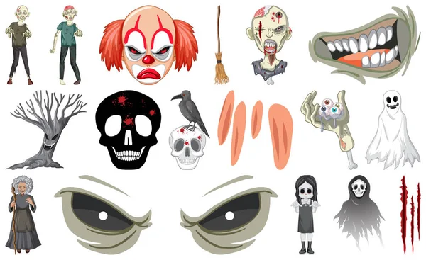 Set Horror Halloween Objects Cartoon Characters Illustration — 图库矢量图片